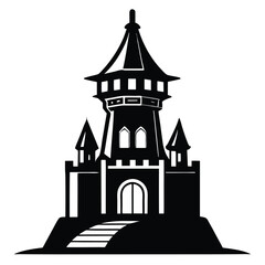 Black silhouette showcases a magical castle with tower and staircase on white background
