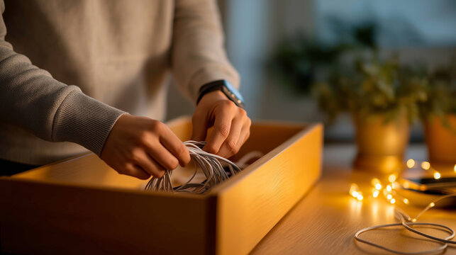 Person dropping a bundle of charging cables into a drawer and closing it relief gesture faceless warm evening light digital detox tech fatigue charging cable mess unplug