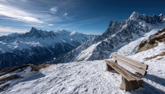 Wooden bench rests upon a snowy mountain vista overlooking jagged peaks under a bright blue sky