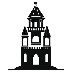 A majestic black castle silhouette possesses intricate towers, walls and arched openings that create an iconic architectural image