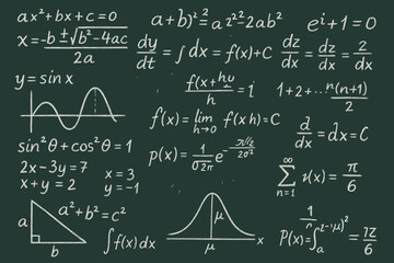 a large green board with mathematical formulas and equations written chaotically in white chalk