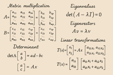 A clear, neatly designed cheat sheet covering the basics of linear algebra (1st–2nd year). An ideal summary board for students who are just learning about matrices and eigenvalues.