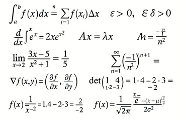 a densely filled page with numerous mathematical formulas written by hand. The formulas belong to various sections of mathematics.