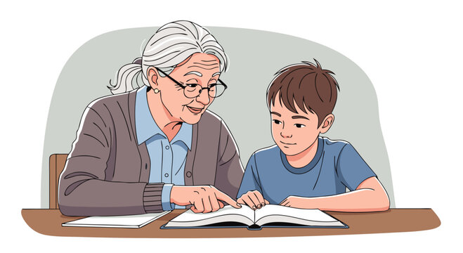 Elderly tutor with student engaged in reading activity at table, showcasing joyful interaction and learning process. Elderly tutor patiently assists student with reading material
