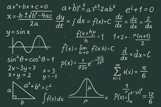 a large green board with mathematical formulas and equations written chaotically in white chalk