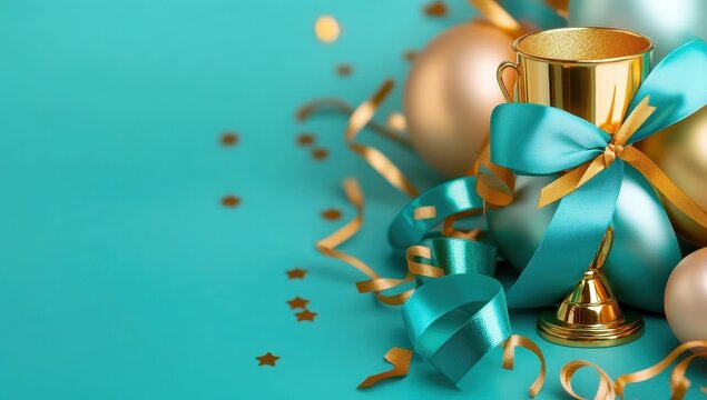 A golden trophy, adorned with a teal ribbon and bow, rests amidst shimmering gold and teal ornaments, celebrating an achievement