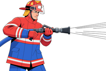 A determined firefighter uses a hose to sweep a side street during a simulated emergency. Bold colors and dynamic action create a striking visual.