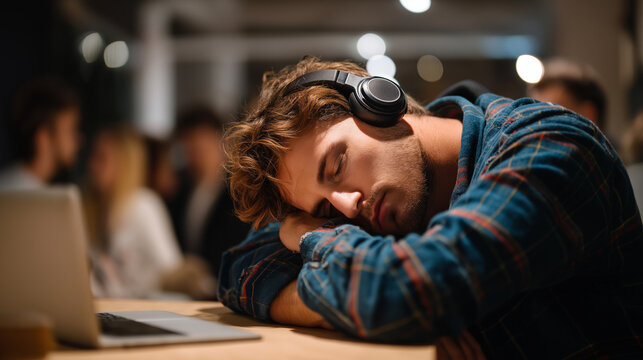Tech fatigue in coworking faceless figure with noise canceling headphones removed phone facedown on notebook background defocused people burnout recovery tech fatigue