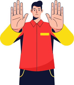 A male figure blocks a drop roll with outstretched hands, displaying 'STOP DROP ROLL'. Modern, flat illustration style. Clear, impactful visual.