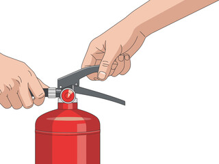 Naklejka premium Hands operate a fire extinguisher, demonstrating proper usage. Clear, bright illustration with a focus on the squeeze handle. Ideal for safety training visuals.