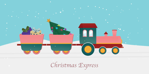 Obraz premium A festive Christmas train carrying gifts and a decorated tree in a snowy landscape. Cute holiday illustration perfect for greeting cards, posters, children’s designs, seasonal banners, and winter proj