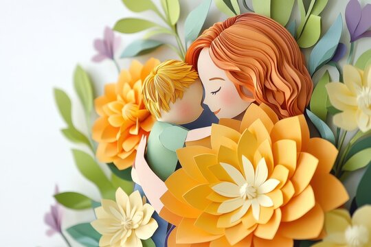 Warm maternal embrace rendered in intricate three dimensional paper craft art surrounded by blooming flowers