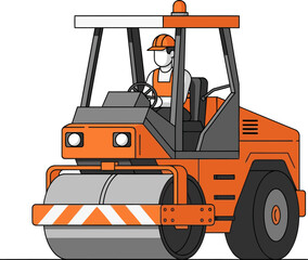 A worker operates a road roller, flattening a road surface.  Clear, bright illustration with a construction worker in focus.  Ideal for commercial use.