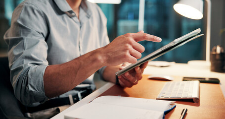 Typing, online and hands with tablet, office and plan for article on web, creative and working late. Scroll, research and person with tech for story, employee and journalist with deadline at night