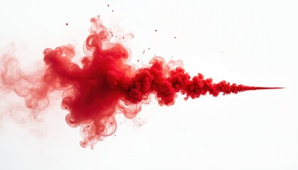 Abstract red smoke explosion against white background. Creative design element with dynamic movement, vibrant colors. Artistic burst of vapor cloud effect visualizes energy, flowing texture. Perfect