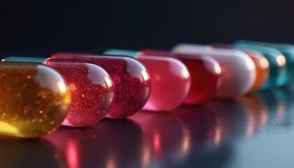 Line of colorful prenatal supplements. Capsules contain essential nutrients for healthy pregnancy. Vitamins aid fetal growth, boost maternal wellness. Pharmacy doctor ad featuring supplements.