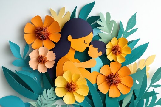 Paper craft composition features a nurturing mother embracing her child amidst vibrant floral elements - Powered by Adobe