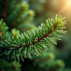 A close-up of a young fir branch with a garland in the summer.