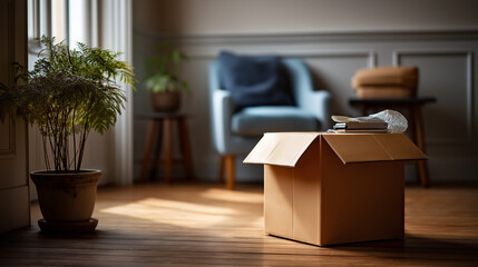 Wide shot of a living room corner box of gadgets sealed with tape lots of negative space on wall no people offline weekend concept digital detox gadget box minimal home cal