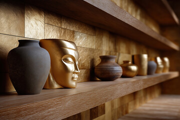 Elegant display of pottery and a golden statue on wooden shelf