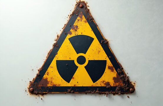 Triangular radiation hazard symbol with grunge texture on plain background. Aged sign shows rust, dirt around edges, alerting viewers to dangers. Nuclear warnings visually communicated. Symbol