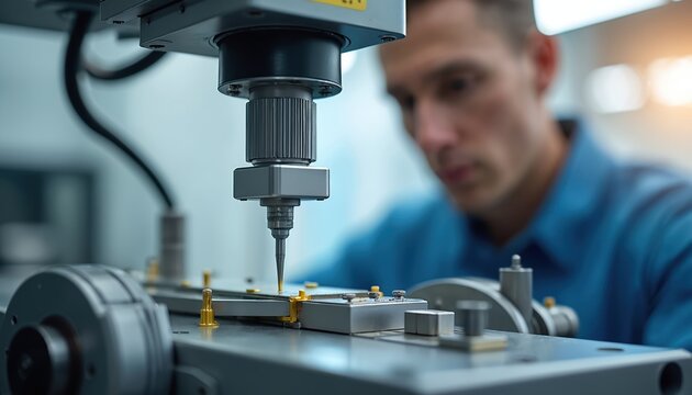 Man operates automated cnc machine. Worker makes precise metal parts using advanced industrial equipment. Technician performs manufacturing task in modern factory setting. High tech production.