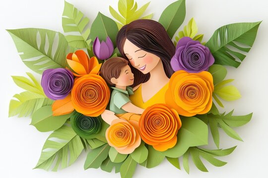 Papercraft illustration depicts a mother embracing her young son amidst vibrant floral decorations