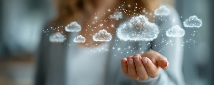 Businesswoman holding cloud icons and digital sparkles, symbolizing cloud computing and innovation