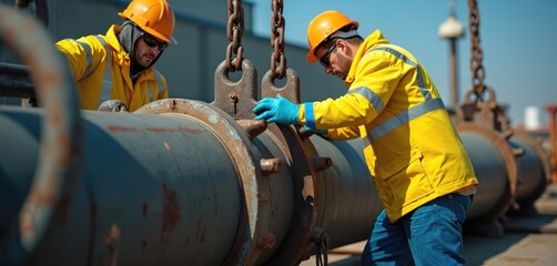 Two skilled men in hard hats, bright safety jackets, gloves meticulously work on large metal pipe. Industrial riggers adjust heavy pipeline using robust chain blocks. Connect flanges, perform