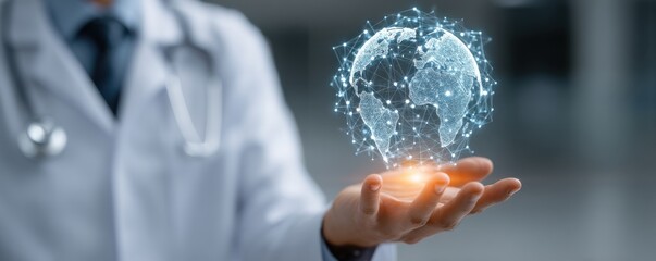 Doctor in white coat holds glowing digital globe with network connections above the hand