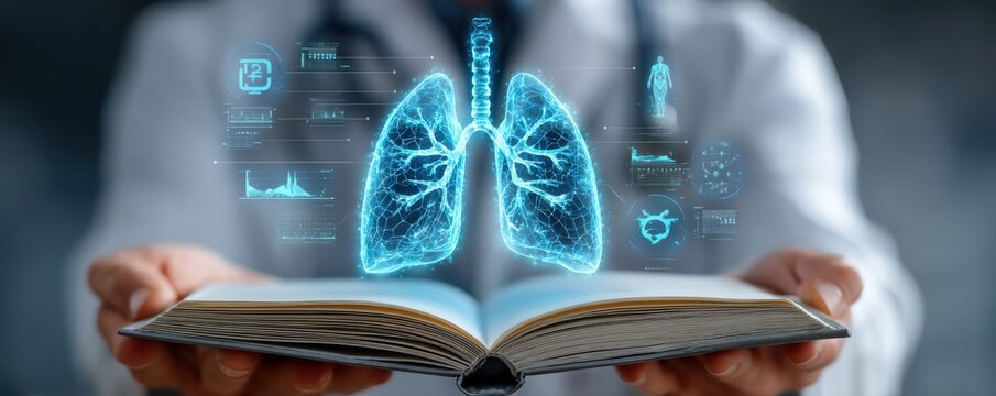 Doctor holds open book as floating digital lungs hologram emerges for advanced medical education