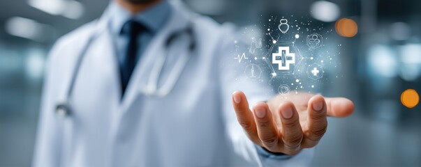 A doctor in a white coat extends a hand with digital medical icons floating above, symbolizing care, technology, and innovation