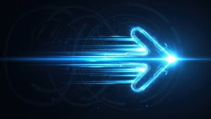 Bright blue glowing arrow moves fast across dark background
