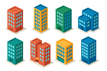 Fototapeta premium Colorful isometric buildings set for architectural design and urban planning