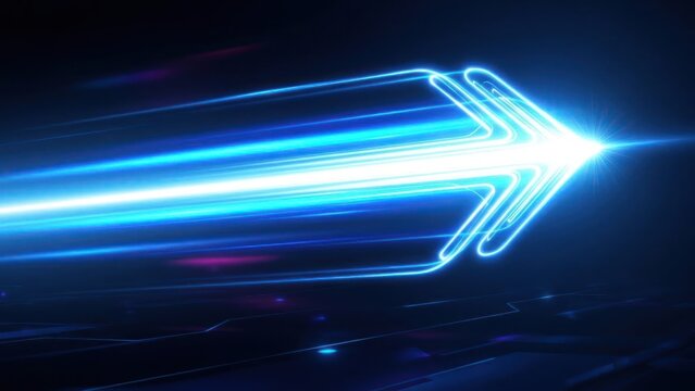 Bright blue neon arrow streaks across dark digital abstract background