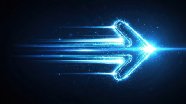 Bright blue light streaks form an arrow shape moving rightward. - Powered by Adobe