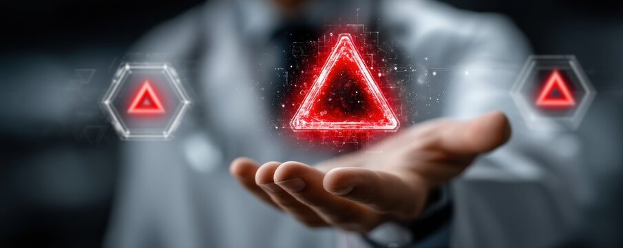 Doctor in white coat presents red warning triangle hologram for digital hazard alert and safety