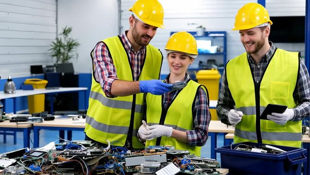 Team of Young Adults in Safety Gear Working on Electronic Waste Recycling Project