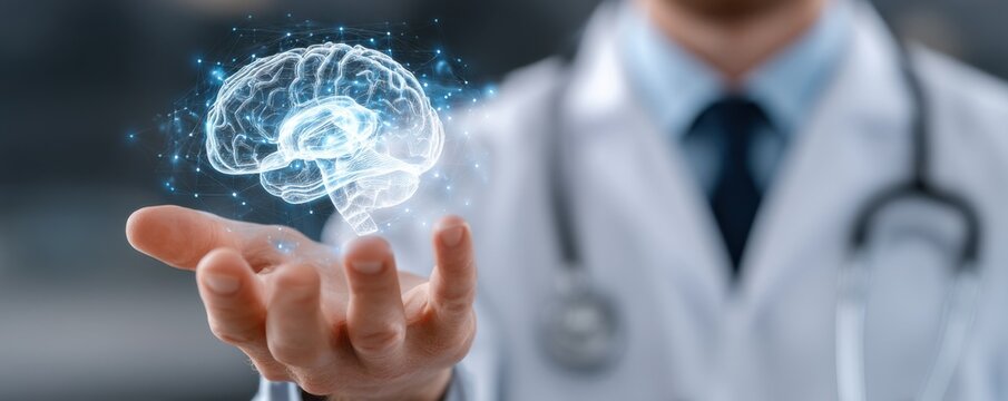 A doctor in a white coat presents a holographic brain as a futuristic medical visualization - Powered by Adobe