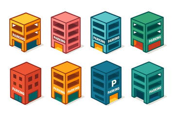 Isometric colorful parking structures for urban design projects