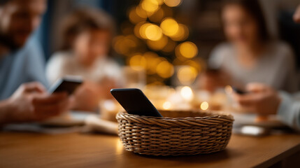 Family living room everyone’s faces out of frame basket collecting phones during dinner warm light no readable text digital detox dinner family time device basket tech