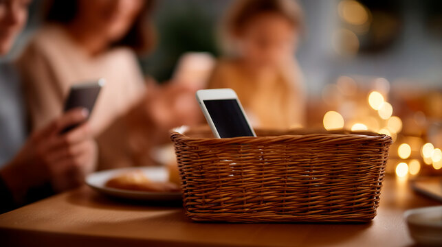 Family living room everyone’s faces out of frame basket collecting phones during dinner warm light no readable text digital detox dinner family time device basket tech