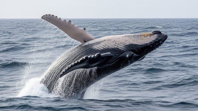 Humpback whale breaches high above dark ocean waves creating spray