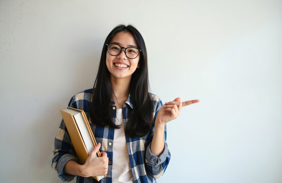 Young asian woman wears glasses and plaid shirt, holds thick book, points finger to side. Happy student smiles, shows learning material, or indicates something against plain background.