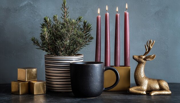 Warmly lit taper candles illuminate seasonal decorations on a dark surface against a moody background