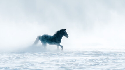 Whirling snow creating the silhouette of a running horse in frozen motion