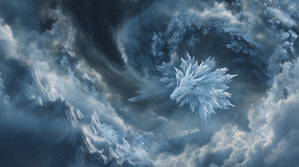 Snowflakes spinning into a mystical dragon made of ice and storm clouds