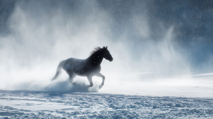 Whirling snow creating the silhouette of a running horse in frozen motion