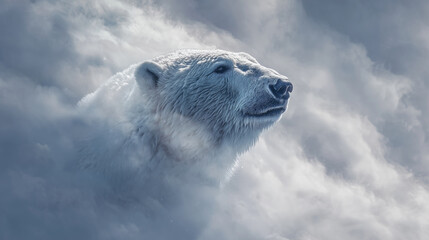 A snowstorm shaping itself into a massive bearâs head emerging from the swirling white fog