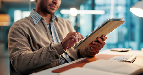 Journalist, hands or tablet in office for review, research feature info or proofreading article at night. Submission deadline, late editing or man with tech in agency, verify story fact or check news